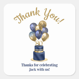 80e verjaardag Navy Blauwe Ballon Cake Bedankt Vierkante Sticker