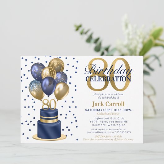 80e verjaardag Navy Blue Balloon Cake Kaart (Staand voorkant)