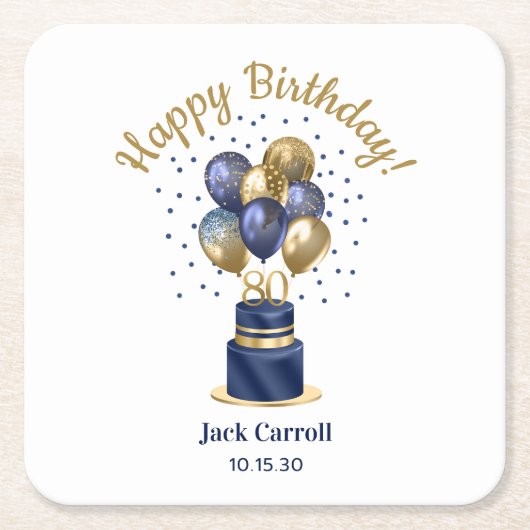 80e verjaardag Navy Blue Balloon Cake Kartonnen Onderzetters (Voorkant)