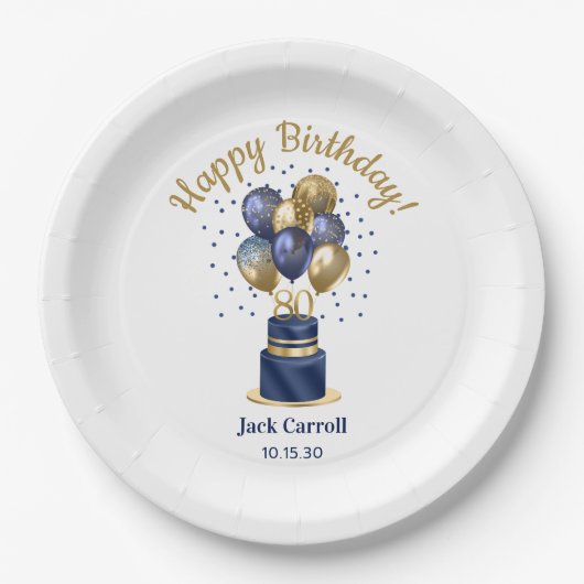 80e verjaardag Navy Blue Balloon Cake Papieren Bordje (Voorkant)