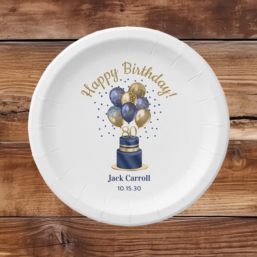 80e verjaardag Navy Blue Balloon Cake Papieren Bordje