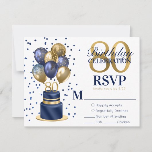 80e verjaardag Navy Blue Balloon Cake RSVP (Voorkant)