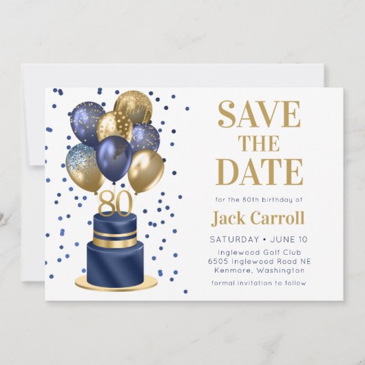 80e verjaardag Navy Blue Balloon Cake Save The Date (Voorkant)