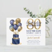 80e verjaardag Navy Blue Balloon Cake Save The Date (Staand voorkant)