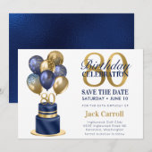 80e verjaardag Navy Blue Balloon Cake Save The Date (Voorkant / Achterkant)