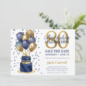 80e verjaardag Navy Blue Balloon Cake Save The Date (Staand voorkant)