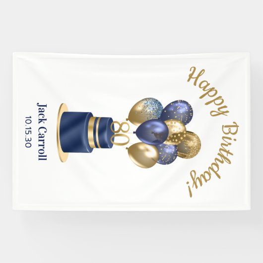80e verjaardag Navy Blue Balloon Cake Spandoek (Horizontaal)