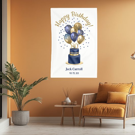 80e verjaardag Navy Blue Balloon Cake Spandoek