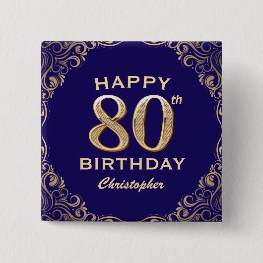 80e verjaardag Navy Blue en Gold Glitter Vierkante Button 5,1 Cm (Voorkant)