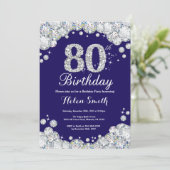 80e verjaardag Navy Blue en Silver Diamond Kaart (Staand voorkant)