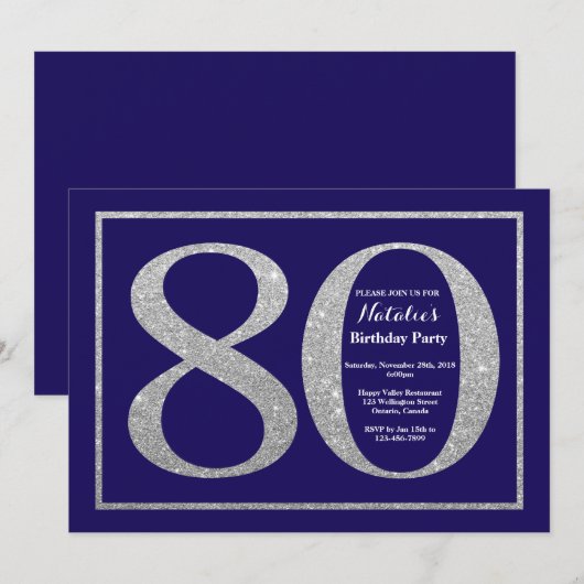 80e verjaardag Navy Blue en Silver Glitter Kaart (Voorkant / Achterkant)