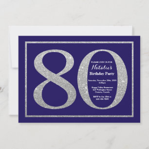 80e verjaardag Navy Blue en Silver Glitter Kaart