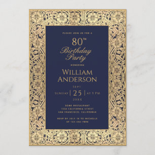 80e verjaardag Navy Blue Gold Rozen Elegant Kaart