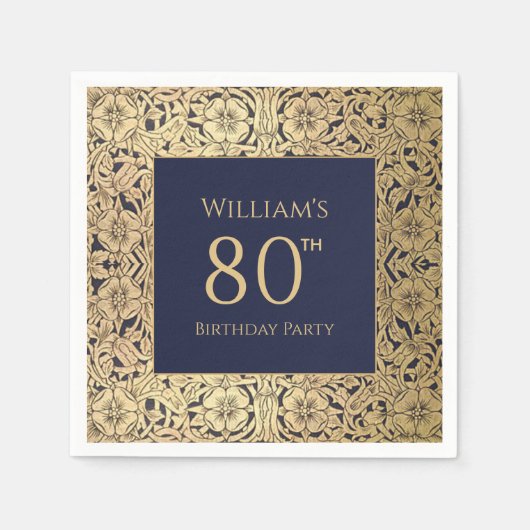 80e verjaardag Navy Blue Gold Rozen Elegant  Servet (Voorkant)