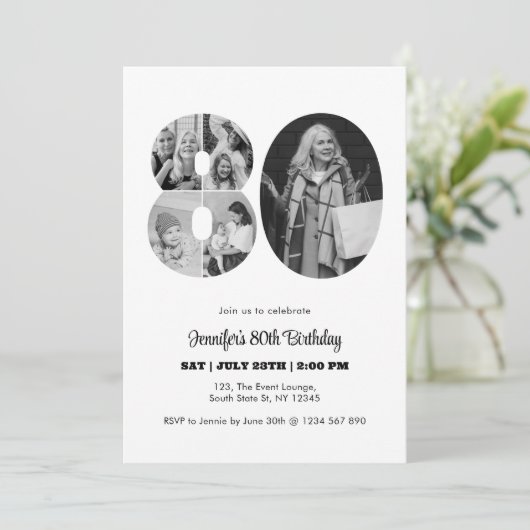 80e verjaardag nummer 80 fotocollage zwart wit kaart (Staand voorkant)