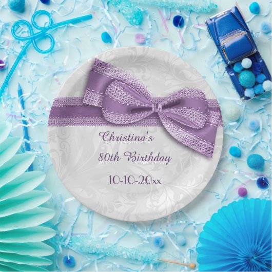 80e verjaardag Paars Damask en Faux Bow Papieren Bordje (Feest)