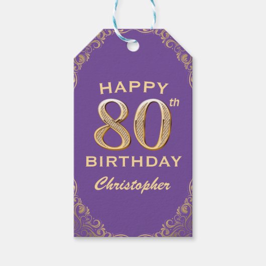 80e verjaardag Paars en Glitter Lijst van de Parti Cadeaulabel (Voorkant)