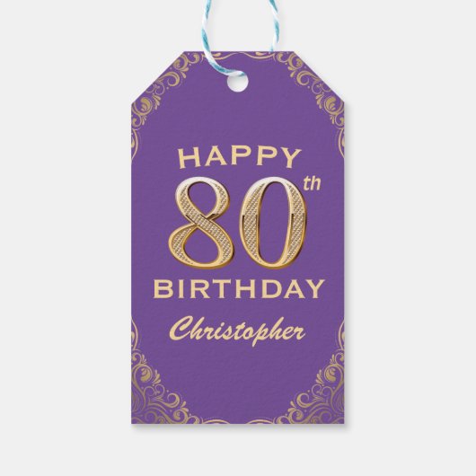 80e verjaardag Paars en Glitter Lijst van de Parti Cadeaulabel (Achterkant)