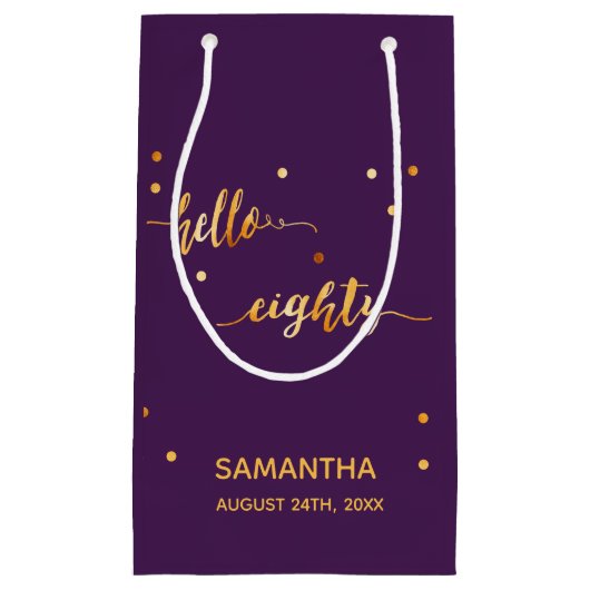 80e verjaardag paars goud hallo 80 naamscript klein cadeauzakje (Voorkant)