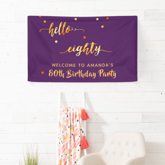80e verjaardag paars goud hallo 80 naamscript spandoek (Insitu)