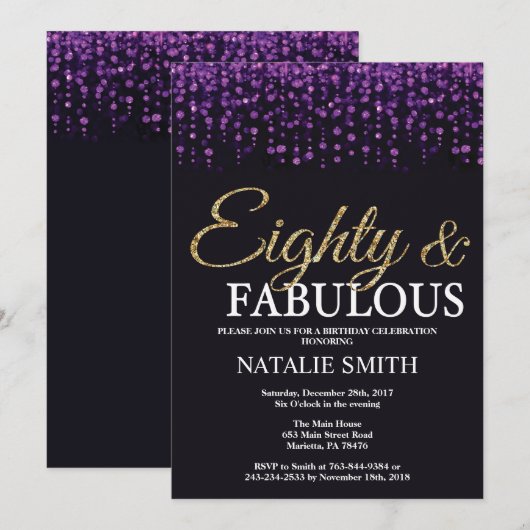 80e verjaardag Paarse en gouden glitter Kaart (Voorkant / Achterkant)