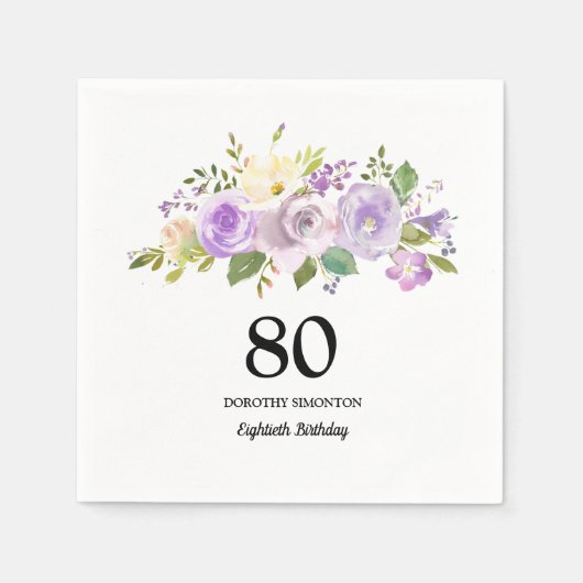 80e verjaardag Paarse Floral Napkins Servet (Voorkant)