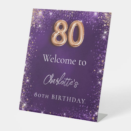 80e verjaardag paarse glitter schittert welkom reclamebord met voetstuk (Voorkant)