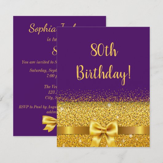 80e verjaardag paarse gouden boog elegant kaart (Voorkant / Achterkant)