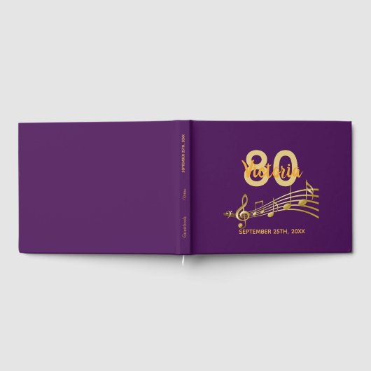 80e verjaardag paarse gouden muzieknoten gastenboek (Volledig)