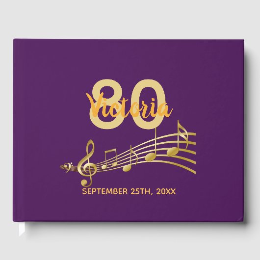 80e verjaardag paarse gouden muzieknoten gastenboek (Voorkant)