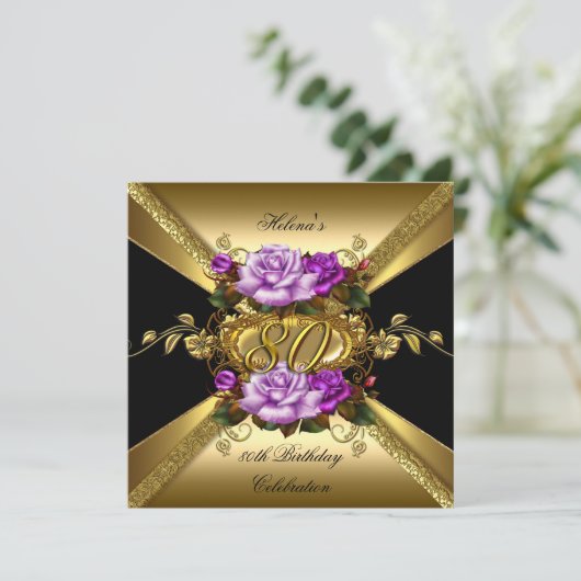 80e verjaardag Paarse gouden Rozen zwart Kaart (Staand voorkant)
