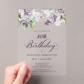80e Verjaardag Paarse Lente Lila Bloem Acryl Uitnodigingen (Insitu (Draagbaar))