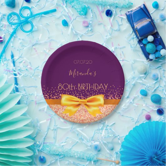 80e verjaardag paarse roos gouden boog naam papieren bordje (Feest)