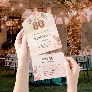 80e verjaardag pampas gras roze roos florals RSVP All In One Uitnodiging