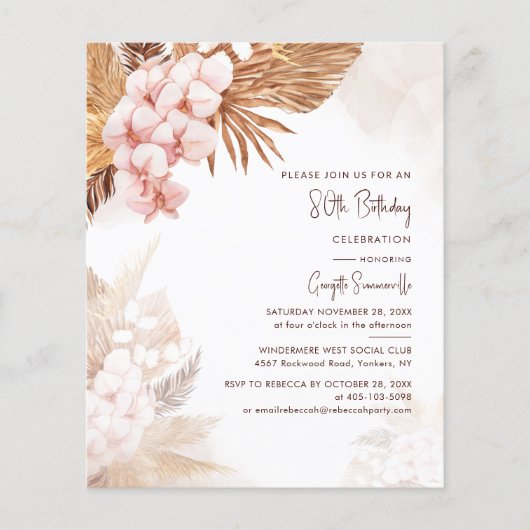 80e verjaardag Pampas Grass Floral Invitation (Voorkant)