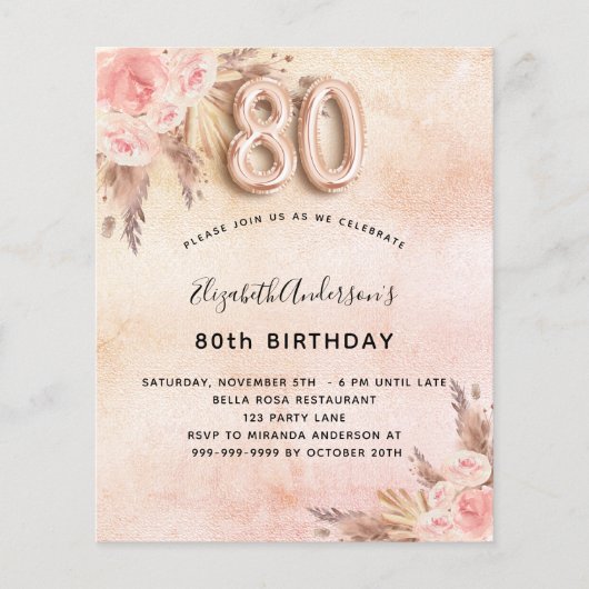 80e verjaardag Pampas Grass roos uitnodiging (Voorkant)