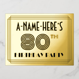 80e verjaardag partij ~ Art Deco Style "80" + naam Folie Uitnodiging Briefkaart