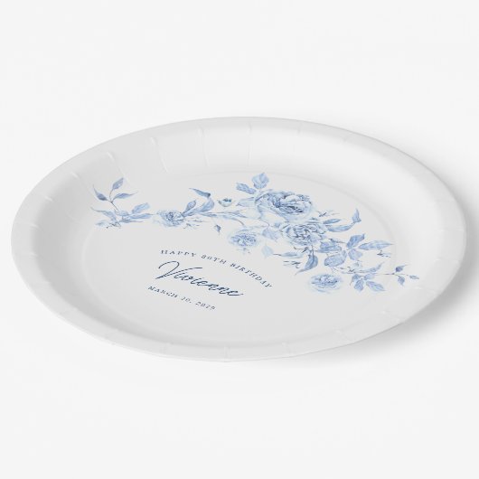 80e Verjaardag Party Blauw Roos Bloemen Custom Papieren Bordje (Gekanteld)