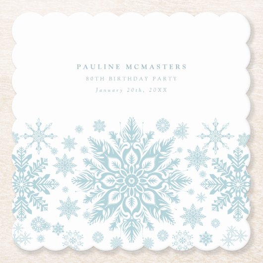 80e Verjaardag Party Blauw Wit Sneeuwvlok Custom Kartonnen Onderzetters (Voorkant)