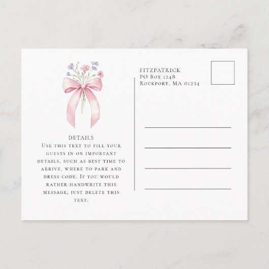 80e Verjaardag Party Blush Pink Bow Wildflower Uitnodiging Briefkaart (Achterkant)