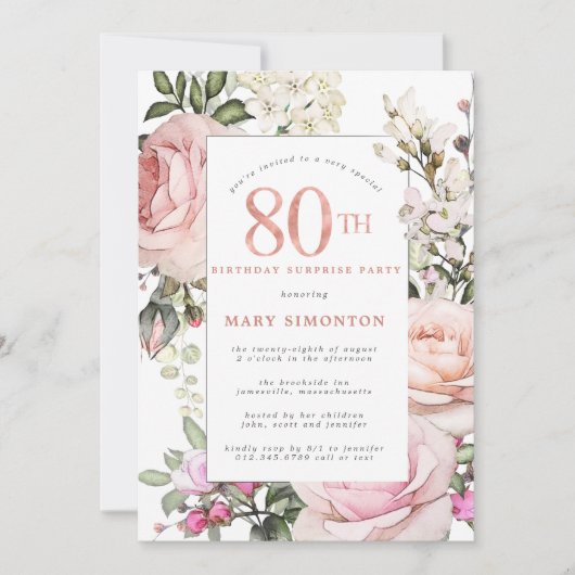 80e Verjaardag Party Blush Pink Rose Bloemen Kaart (Voorkant)