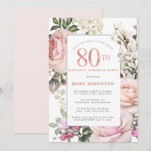 80e Verjaardag Party Blush Pink Rose Bloemen Kaart (Voorkant / Achterkant)