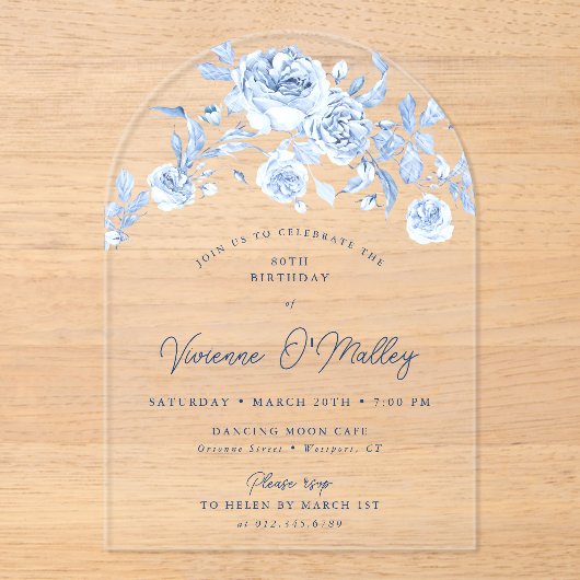 80e Verjaardag Party Dusty Blue Roos Bloemenboog Acryl Uitnodigingen (Voorkant)