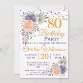 80e Verjaardag Party Floral Peony Paarse Kaart (Voorkant)