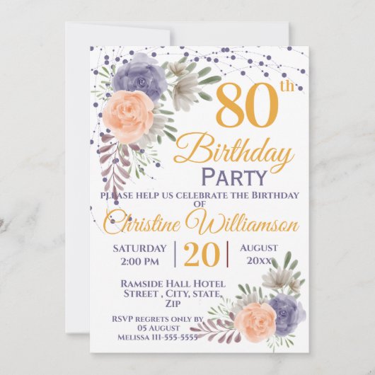 80e Verjaardag Party Floral Peony Paarse Kaart (Voorkant)