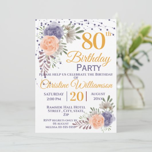 80e Verjaardag Party Floral Peony Paarse Kaart (Staand voorkant)