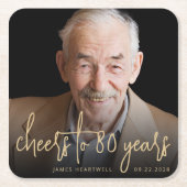 80e verjaardag Party Foto Cheers Gold Script Kartonnen Onderzetters (Voorkant)