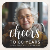 80e verjaardag Party Foto Wit Script Cheers Kartonnen Onderzetters (Voorkant)