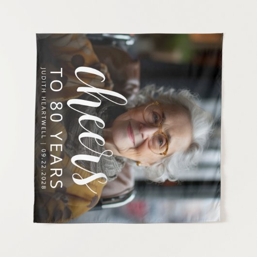 80e verjaardag Party Foto Wit Script Cheers Wandkleed (Voorkant (horizontaal))