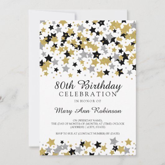 80e Verjaardag Party Gold Silver Glitter Stars Kaart (Voorkant)